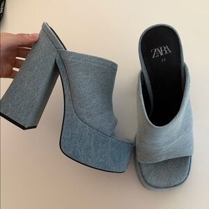 Zara Denim Blue Platform Mules Heels